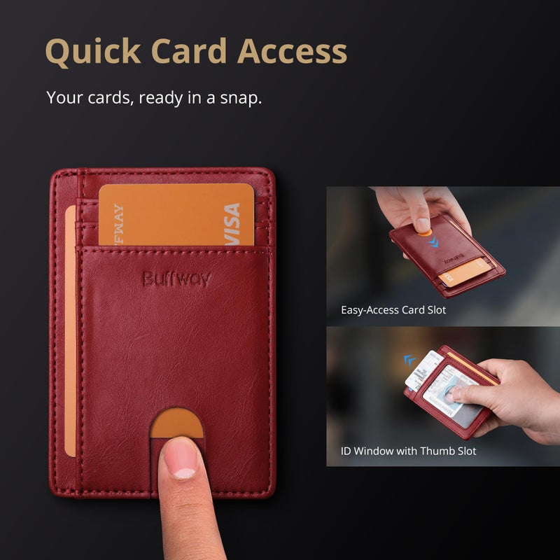 Buffway Slim Minimalist Front Pocket RFID Blocking Leather Wallets for Men and Women - Alaska Cherry - Image 3